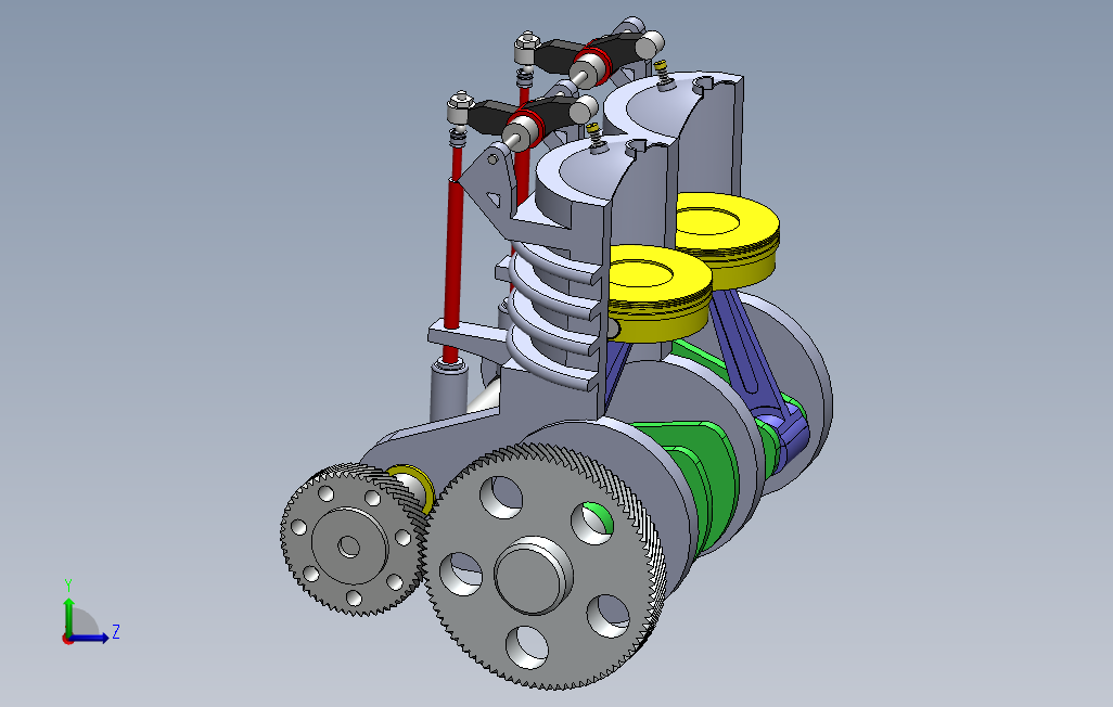 双缸活塞发动机半剖演示结构3D图纸Solidworks设计0 左侧视图