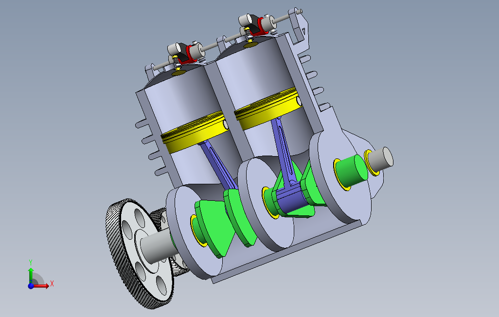 双缸活塞发动机半剖演示结构3D图纸Solidworks设计0 正面视图