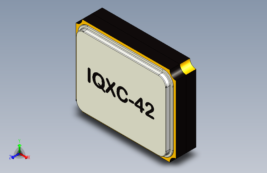 石英晶体SMD封装IQXC-42，尺寸长2mm x宽1,6mm x高0,5mm。用于印刷电路板