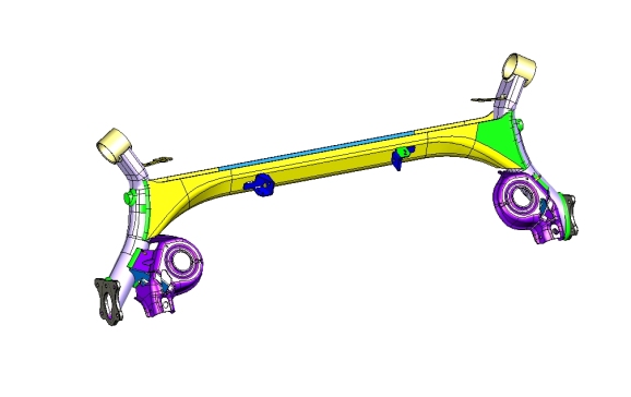 Z1593-某车型扭力梁式拖曳臂非独立后悬架焊接总成三维CatiaV5R20无参