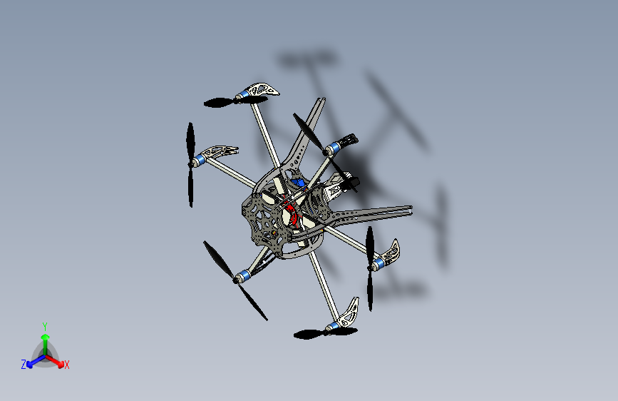 六翼航拍器六轴无人机框架3D图纸Solidworks设计