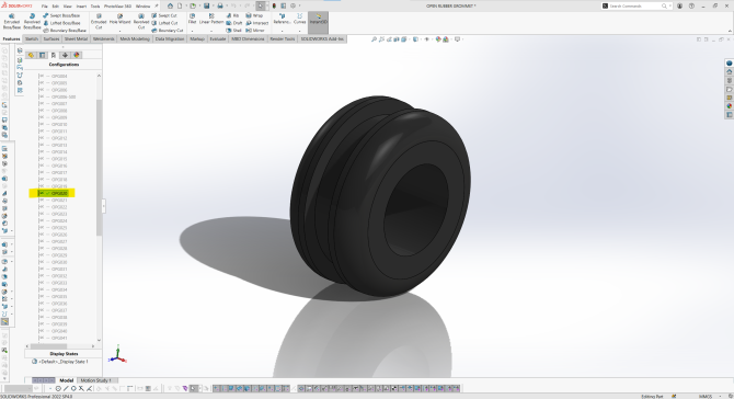 开放式橡胶垫圈SolidWorks中的配置工具提供了71种不同尺寸的开口索环