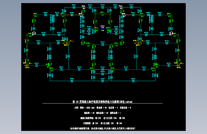 第10层混凝土构件配筋及钢构件应力比简图