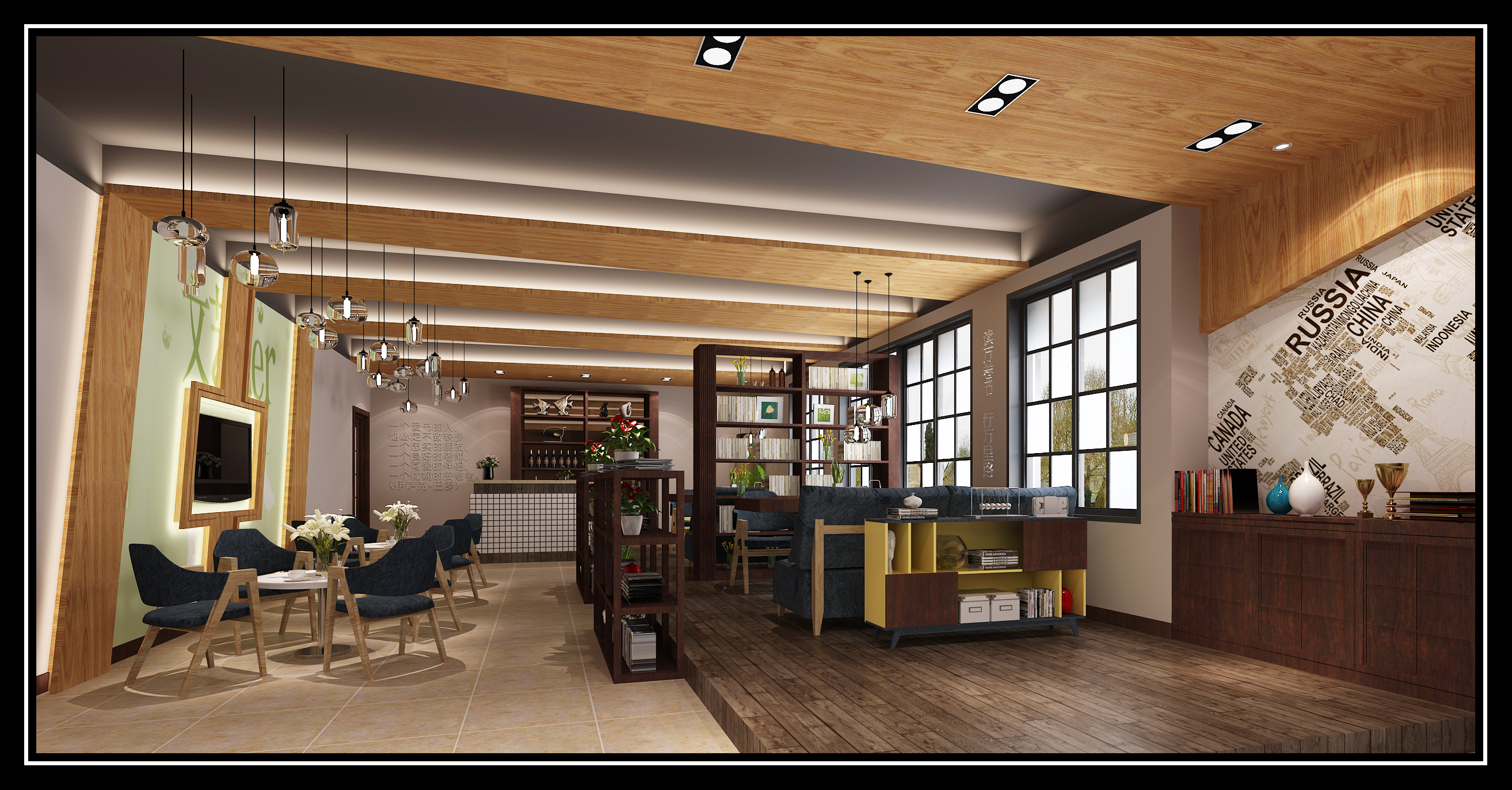 003-某高校休闲舒适书吧室内设计CAD施工图(含效果图)-CAD、JPG