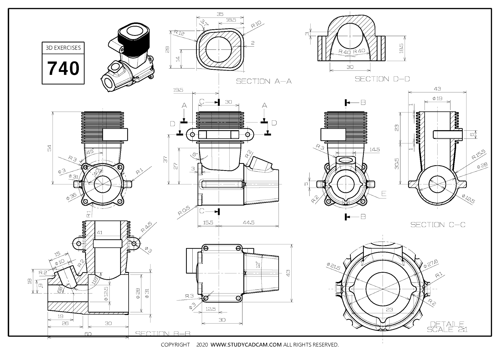 G088022-Studycadcam 3D CAD 练习 740_ 气缸体_ 气缸体_ Autodesk Inventor Pro=电机电动机舵机