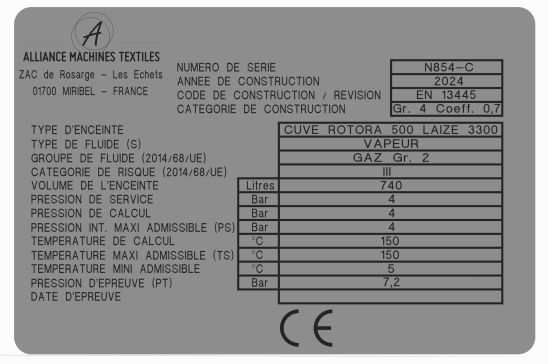 00002813-06-CUVE-N854-C 建造商组件ALLIANCE DESP 2014-68-UE 旋转炉 Ø500 N854 序列号 N854-C 三类 740L00002813-06-CUVE-N854-C 建造商组件ALLIANCE DESP 2014-68-UE 旋转炉 Ø500 N854 序列号 N854-C 三类 740L