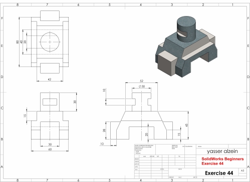 SolidWorks 练习 44 _ 技术绘图和 3D 模型