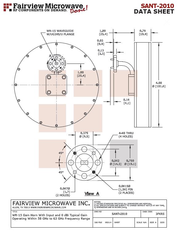 Fairview Microwave 58至63 GHz喇叭天线，带WR-15波导（+0 dB增益），但360度波束宽度