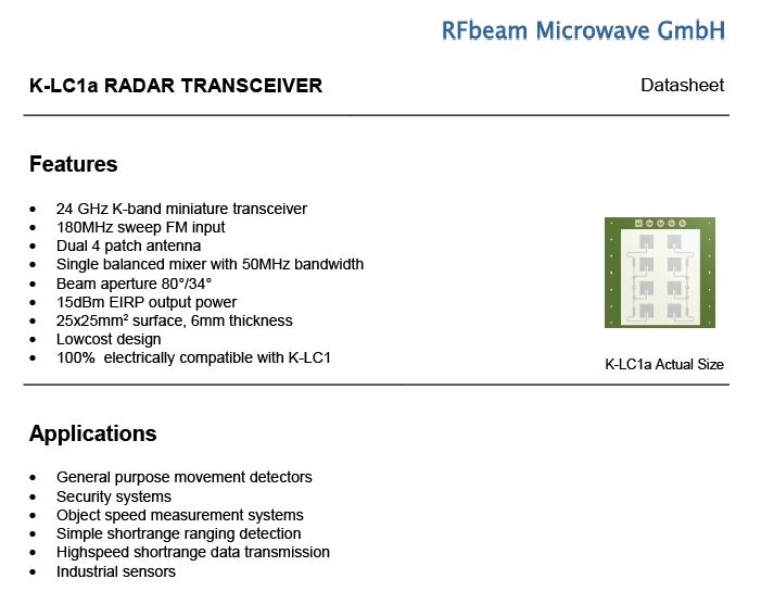 RF 波束 24 GHz K-LCx 雷达 (K-Band) 收发器