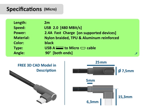 Micro 90° 度直角 2米 USB 线由 REMHA