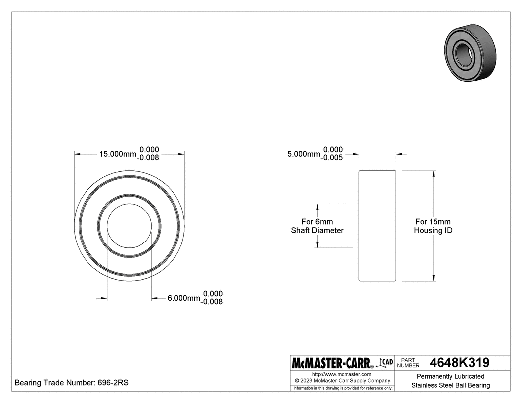 轴直径为 6 mm 的不锈钢滚珠轴承