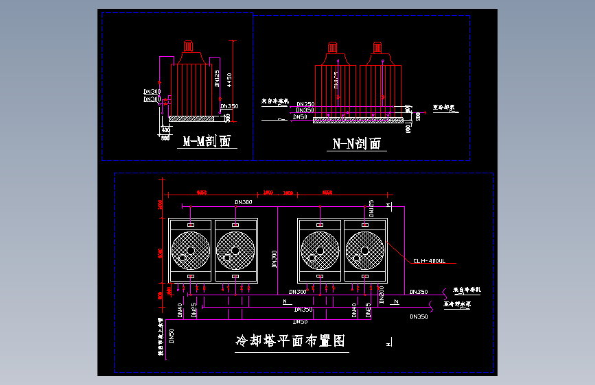 某大型工厂冷却塔平面布置图 剖面图