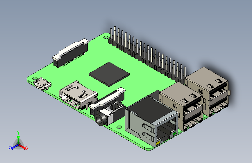 树莓派 2 型 B，3D CAD 组装模型