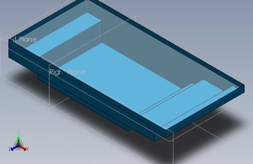 长方形游泳池纤维玻璃3D图纸16' x 8'，两侧台阶和长凳。
