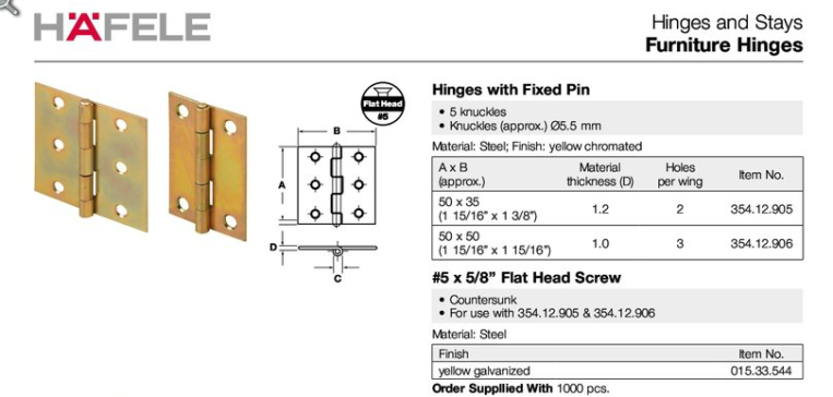 A2001222-Hafele 354.12.906 侧装铰链，钢制，黄色铬酸盐，50x50mm