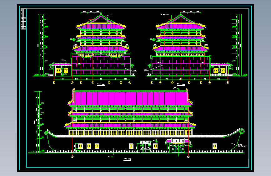 仿古船建筑平立剖面 