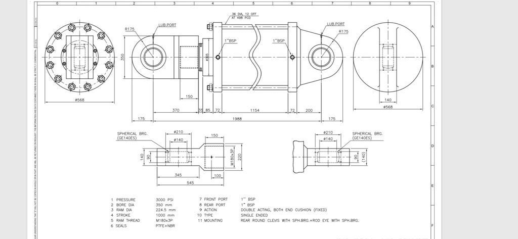焊接型液压缸(带前端和后端安装眼)350x220x1002毫米