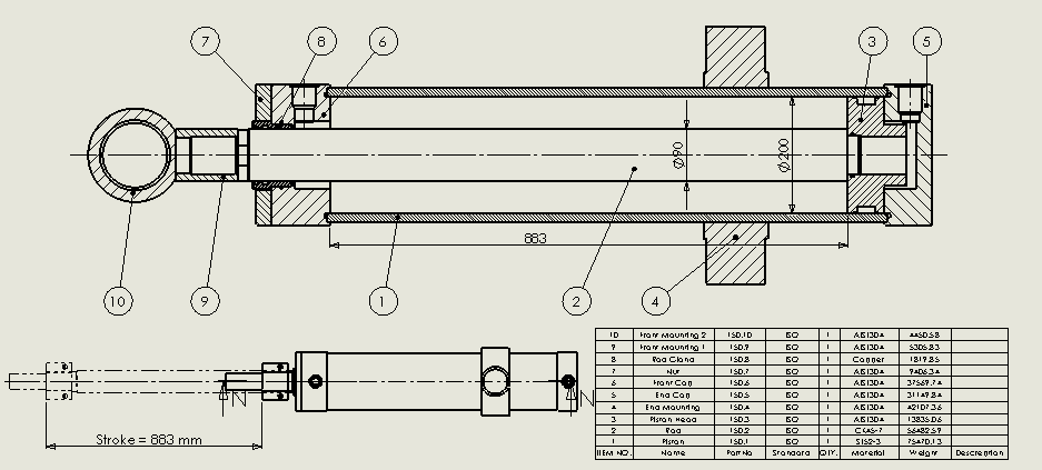 横拉杆液压缸（耳轴安装式）200x90x883 mm