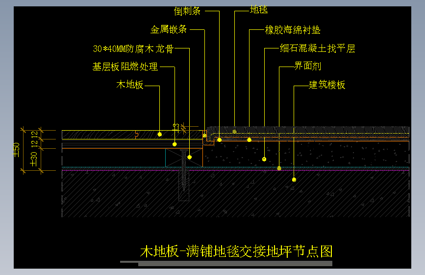 【地坪】木地板-满铺地毯交接地坪节点图
