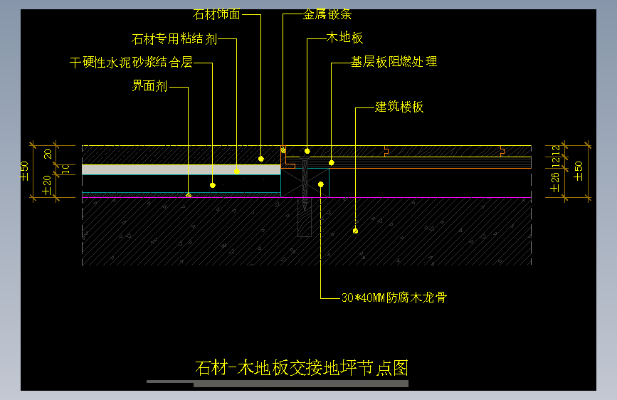 【地坪】石材-木地板交接地坪节点图
