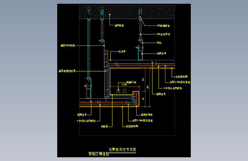 【天花】石膏板吊顶节点图（常规灯槽造型）