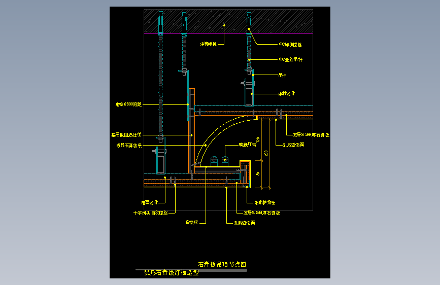 【天花】石膏板吊顶节点图（弧形石膏线灯槽造型）