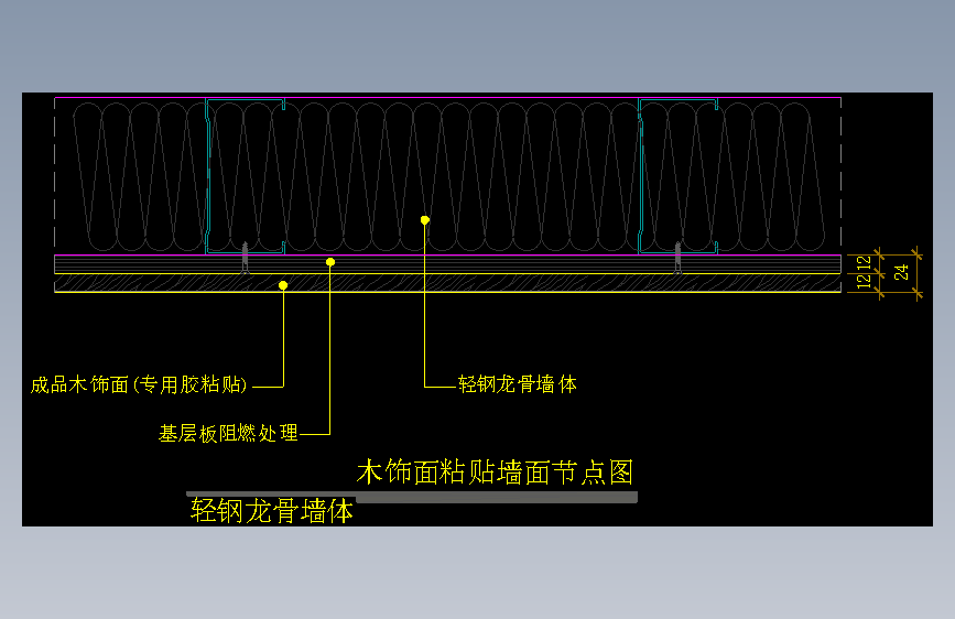 【墙身】木饰面粘贴墙面节点图（轻钢龙骨墙体）