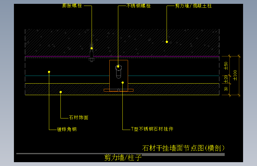 【墙身】石材干挂墙面节点图（横剖）（剪力墙_柱子）