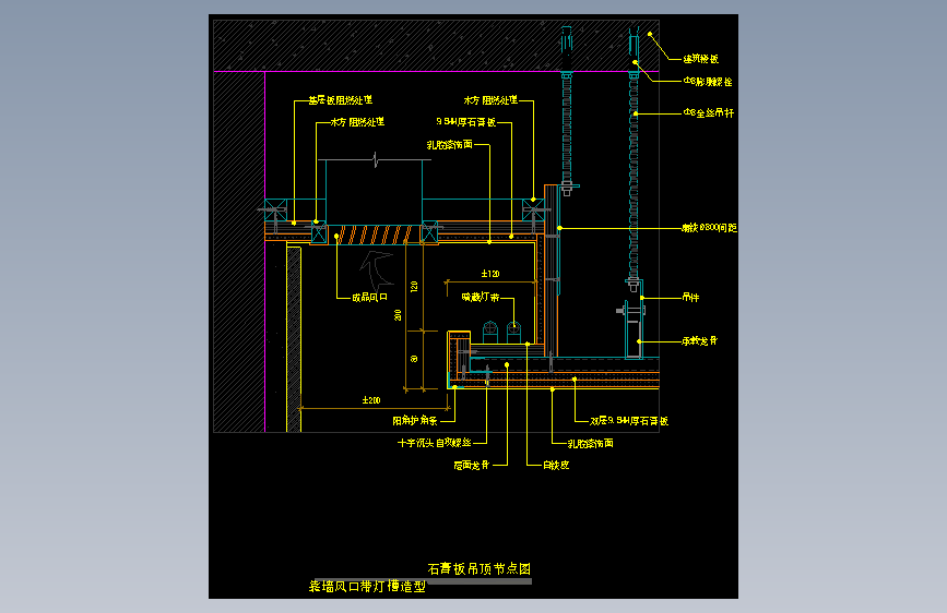 【墙天】石膏板吊顶节点图（靠墙风口带灯槽造型）