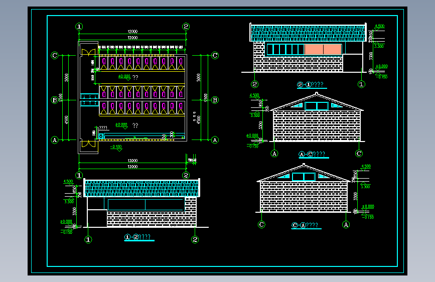 长12米 宽9.5米 1层公厕方案设计（公厕平面图 四个轴立面）