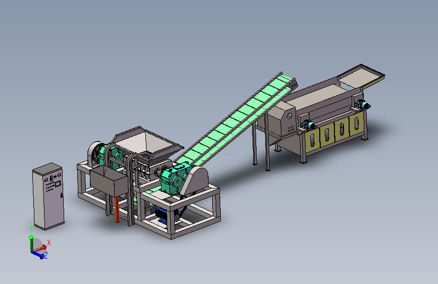 固废破碎 + 有色金属分选生产线，主要由双轴撕碎机、皮带输送机、涡电流分选机和控制柜组成，是资源回收领域的典型设备