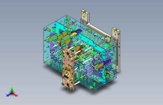 FYVA1-仪表板帽檐区域前后镶块冷却与顶出-气囊框区域斜顶加直顶结构-副驾驶侧前模斜顶结构