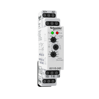电压传感器继电器，SE继电器，SPDT，15A，24 VDC，0至10 s，1个时标，18-30 VDC至30-90% Us，DIN安装