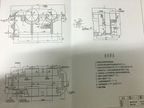 1956--减速器下壳体钻底平面螺栓孔夹具设计图纸【下箱体中心距150】