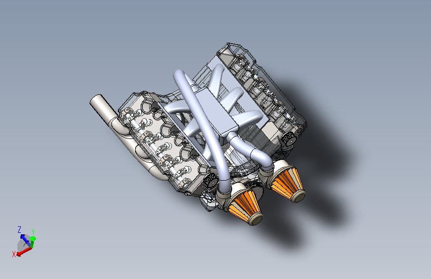 整套V6发动机(机体、气缸盖、曲轴、活塞、凸轮轴、气门、摇臂、歧管、涡轮增压器、油底壳) 主视图