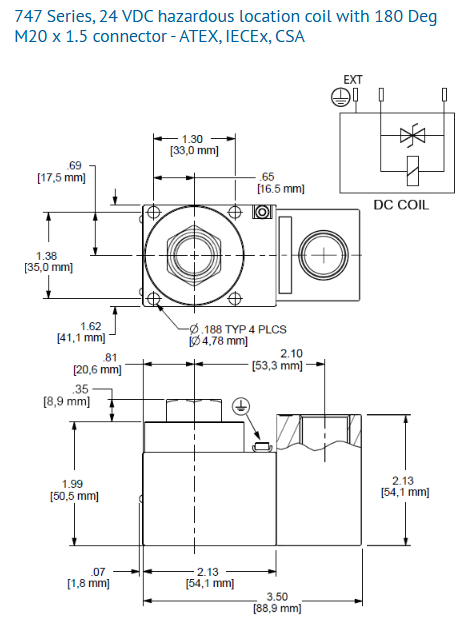 A0017180-747系列,24 VDC危险区域线圈,带180度M20 x 1.5连接器 - ATEX, IECEx, CSA - 747JM24BD