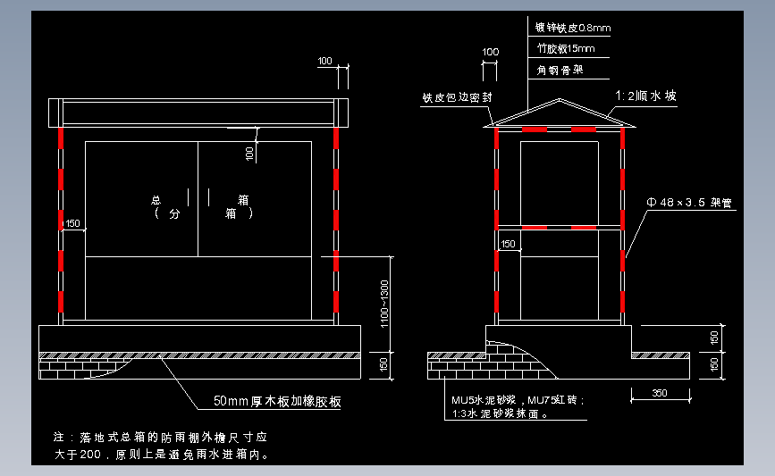 4.17总、分配电箱防雨棚做法示意图Ⅰ 主视图