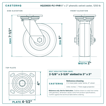 A0018691-CasterHQ HQ2060S-PL1-PHR 6英寸 x 2英寸旋转脚轮,承重1250磅,酚醛轮,4英寸 x 4-1_2英寸底座