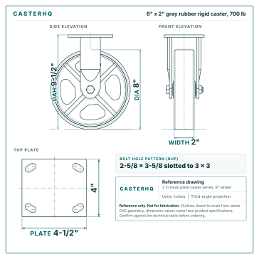 A0018693-CasterHQ CB8X2RDWC 8英寸 x 2英寸 坚固型脚轮,700磅承重,灰色橡胶轮,4英寸 x 4-1_2英寸 轮盘