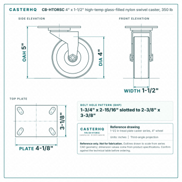 A0018695-CasterHQ CB-HTORSC 4英寸 x 1-1_2英寸旋转脚轮,承重350磅,尼龙轮,3-1_8英寸 x 4-1_8英寸底座