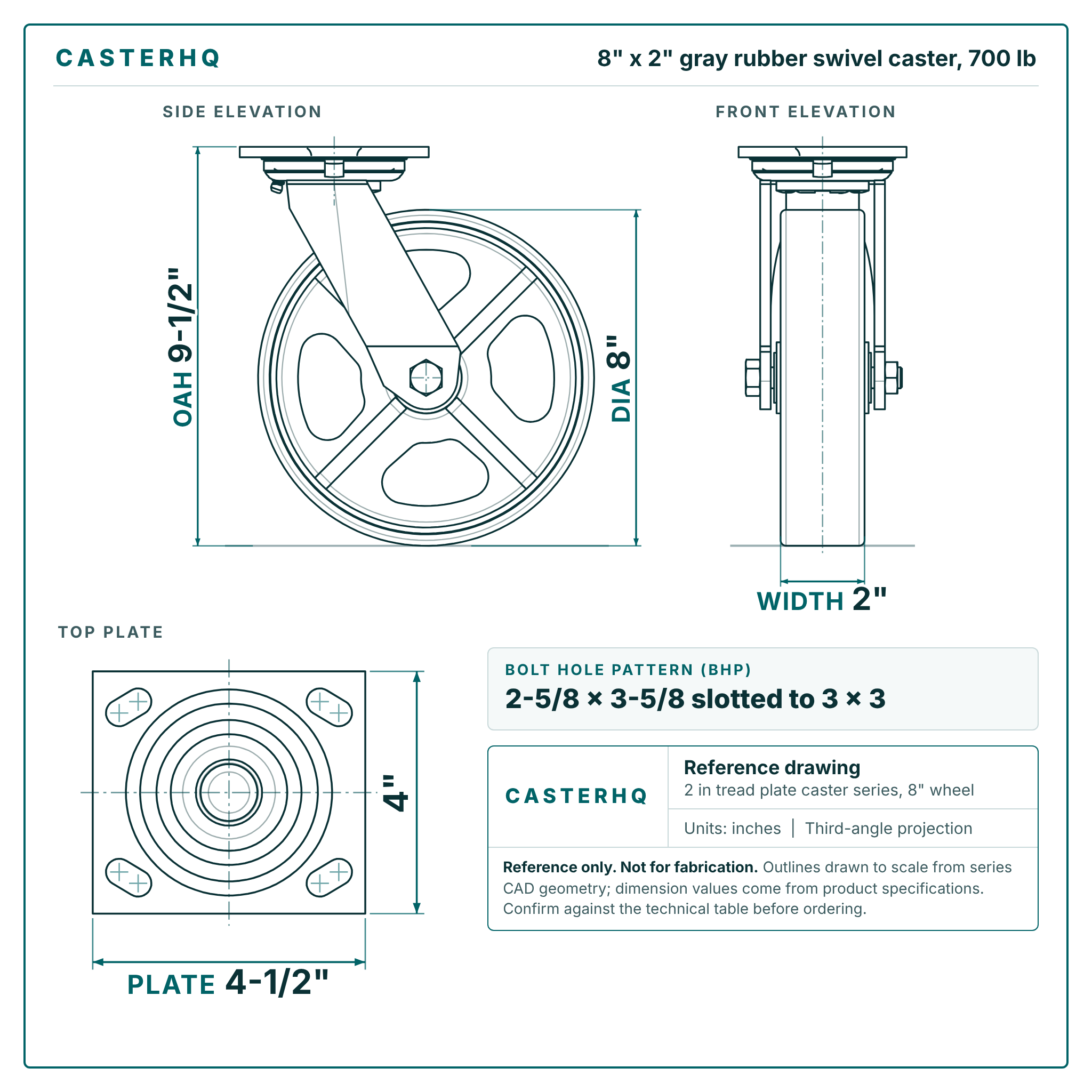 A0018744-CasterHQ CB8X2SDWC 8英寸 x 2英寸旋转脚轮,承重700磅,灰色橡胶轮,4英寸 x 4-1_2英寸底座