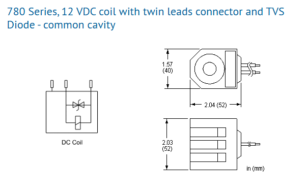 A0018973-780系列,12 VDC线圈带双引脚连接器和TVS二极管 - 常见腔体型号(780712D)。