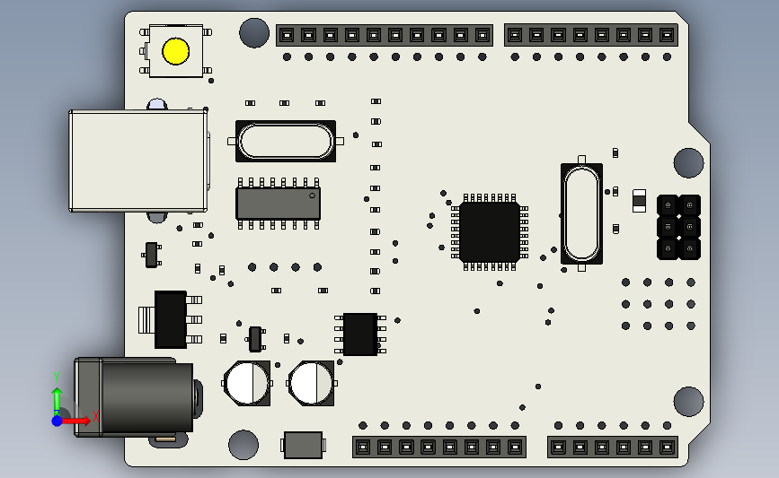 Arduino UNO Rev.3 (CH340) 控制器电路板3D图纸 STP f3d格式 正面视图