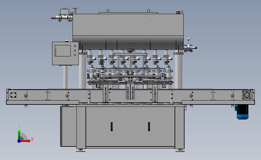 八头活塞式液体灌装机、非标全自动8头灌装3D模型图纸 Solidworks设计 正面视图