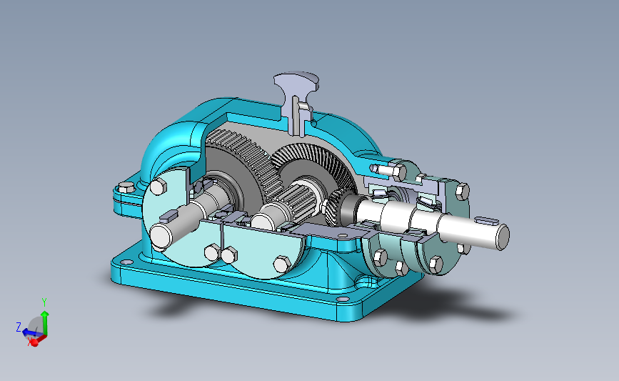 锥齿直齿轮两级减速器SOLIDWORKS 2012, STL 主视图