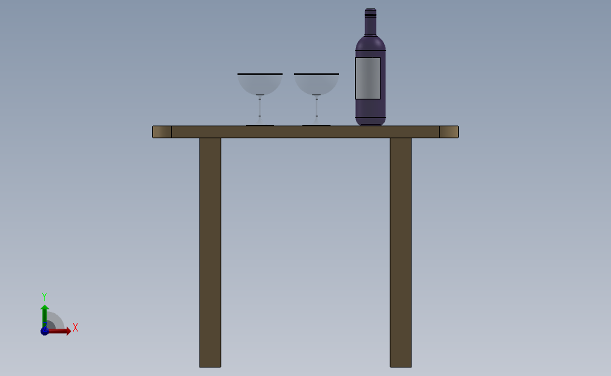 酒瓶和酒杯桌 正面视图