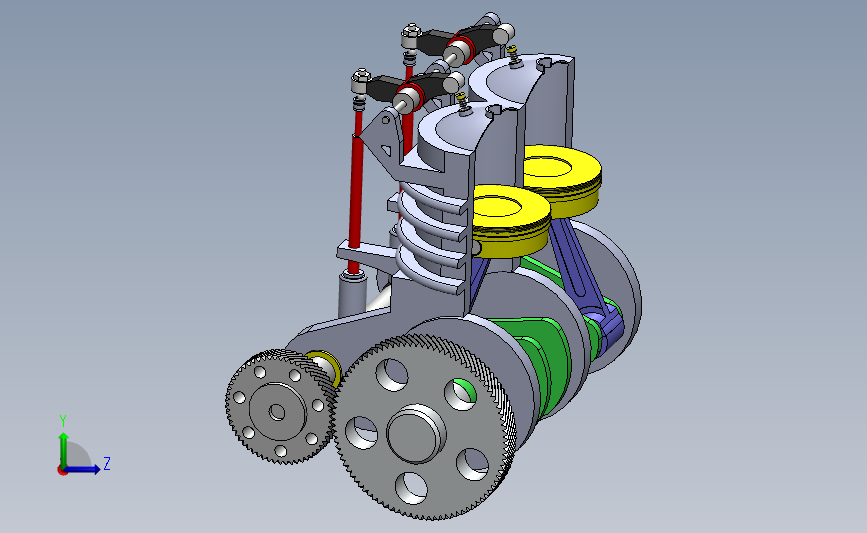 双缸活塞发动机半剖演示结构3D图纸 Solidworks设计 左侧视图