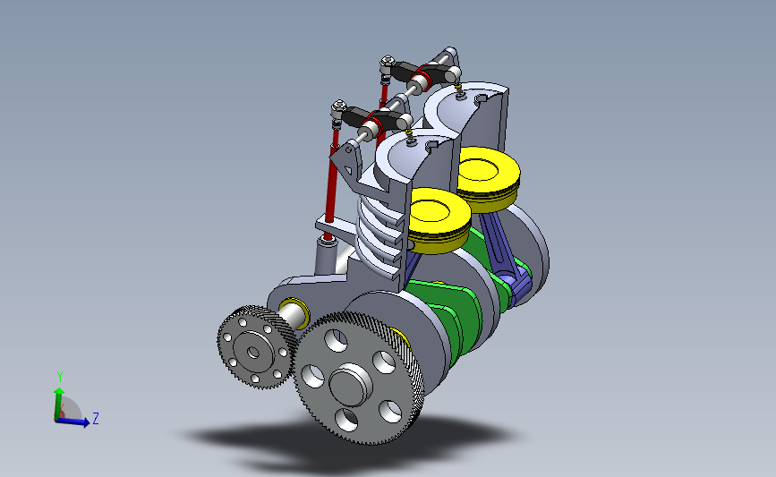 双缸活塞发动机半剖演示结构3D图纸 Solidworks设计 主视图