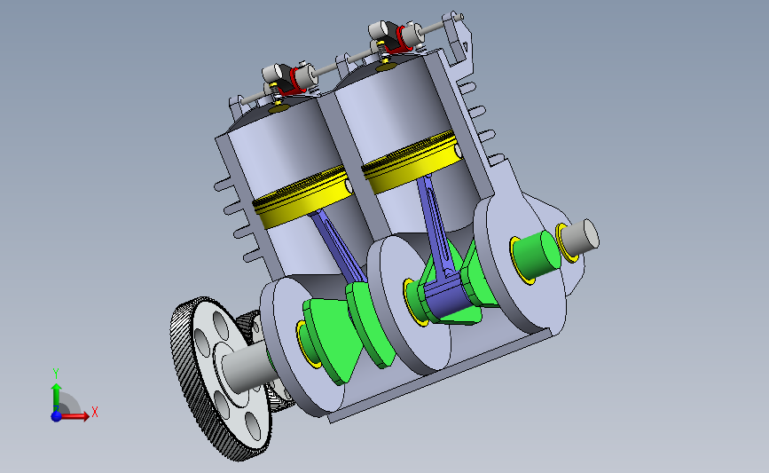 双缸活塞发动机半剖演示结构3D图纸 Solidworks设计 正面视图