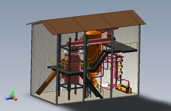 200KW生物质气化炉厂3D模型图纸 Solidworks设计